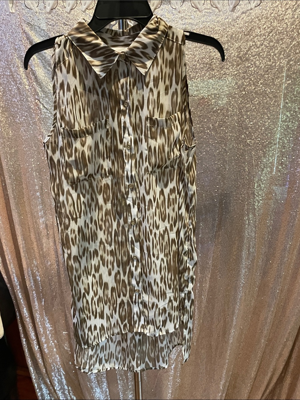 Chico's Metallic Leopard-Print Sheer Blouse in Taupe and Cream